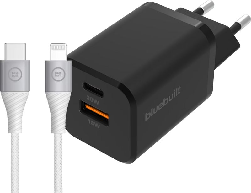 Foto van Bluebuilt snellader met 2 usb poorten 38w zwart + lightning kabel 1,5m