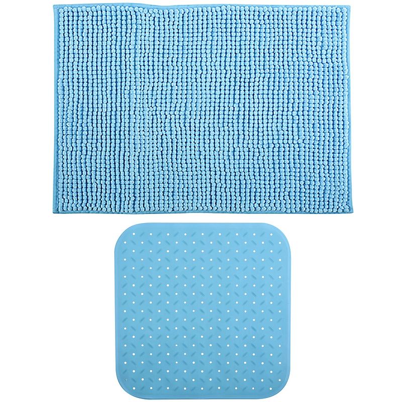 Foto van Msv douche anti-slip mat en droogloop mat - sevilla badkamer set - rubber/microvezel - lichtblauw - badmatjes