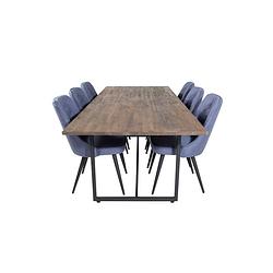 Foto van Padang eethoek eetkamertafel teakhout en 6 velvet deluxe eetkamerstal blauw, zwart.