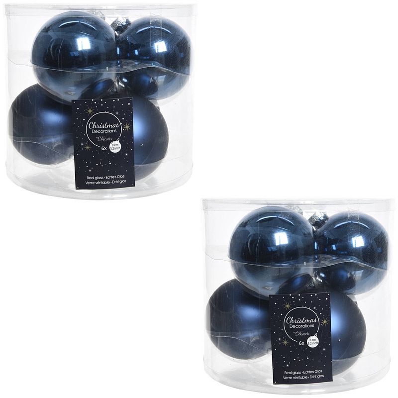 Foto van Kerstboomversiering donkerblauwe kerstballen van glas 8 cm 12x stuks - kerstbal