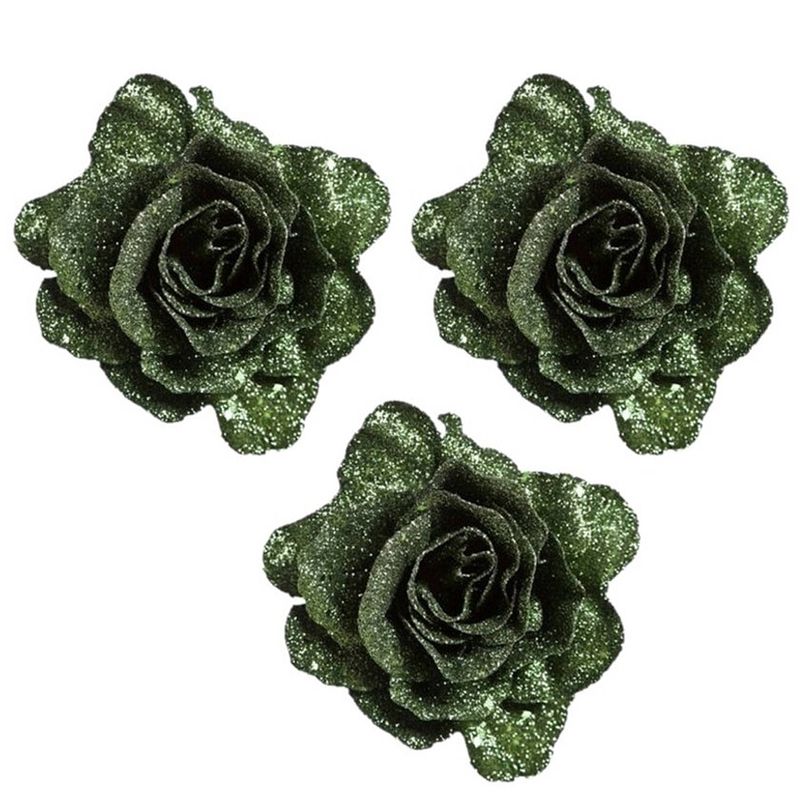 Foto van 4x stuks groene decoratie rozen glitters op clip 10 cm - kersthangers