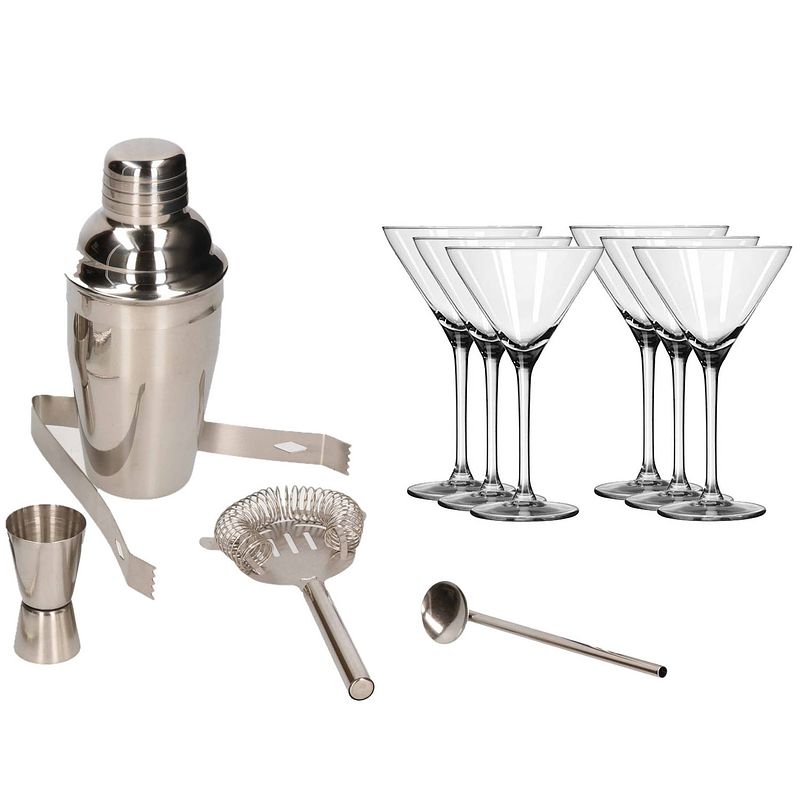 Foto van Cocktailshaker set rvs 5-delig inclusief 6x luxe cocktail/martini glazen 260 ml - cocktailshakers
