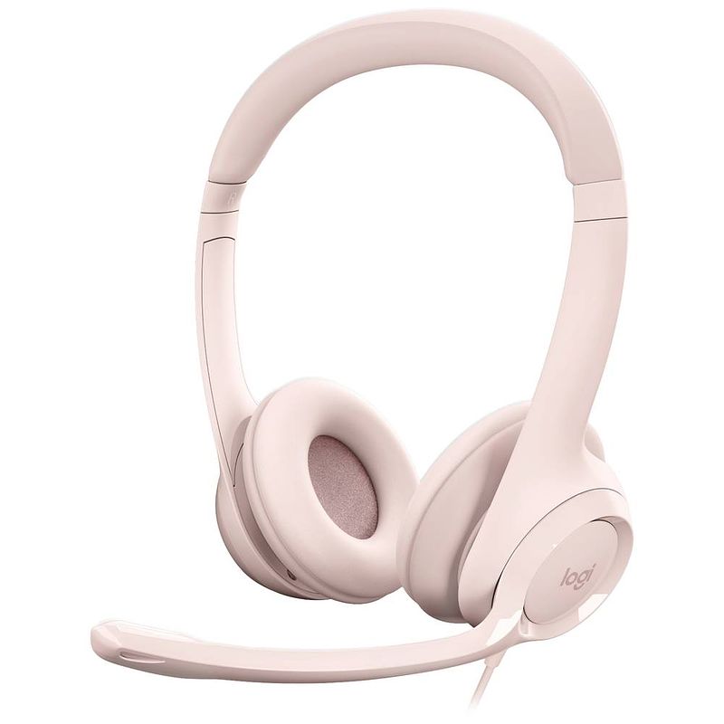 Foto van Logitech h390 on ear headset kabel computer stereo roze ruisonderdrukking (microfoon) headset, volumeregeling, microfoon uitschakelbaar (mute)