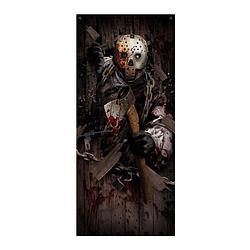 Foto van Fiestas horror deur scenesetter/deurposter - moordenaar met bijl - halloween thema versiering - 180 x 80 cm - feestdeurd