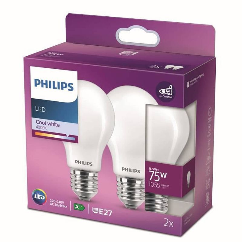 Foto van Philips led-lamp equivalent 75w e27 koud wit niet dimbaar, glas, set van 2