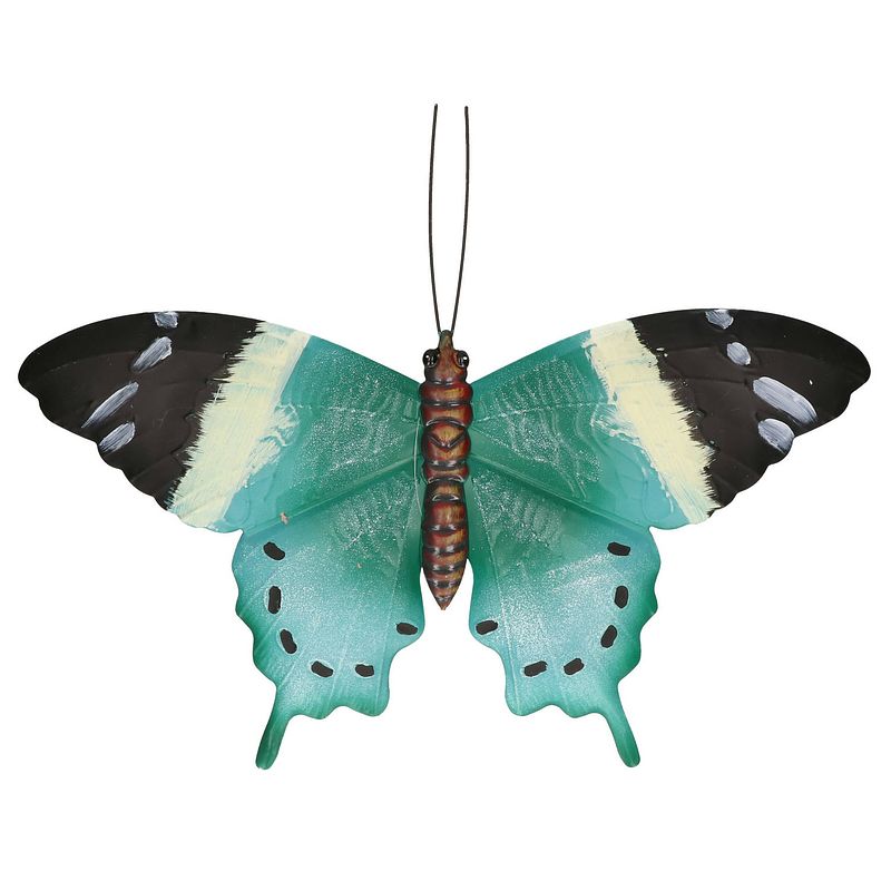 Foto van Tuin/schutting decoratie lichtblauw/zwarte vlinder 44 cm - tuinbeelden