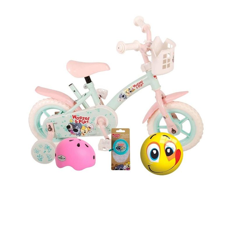 Foto van Volare kinderfiets woezel & pip - 10 inch - doortrapper - met fietshelm + accessoires