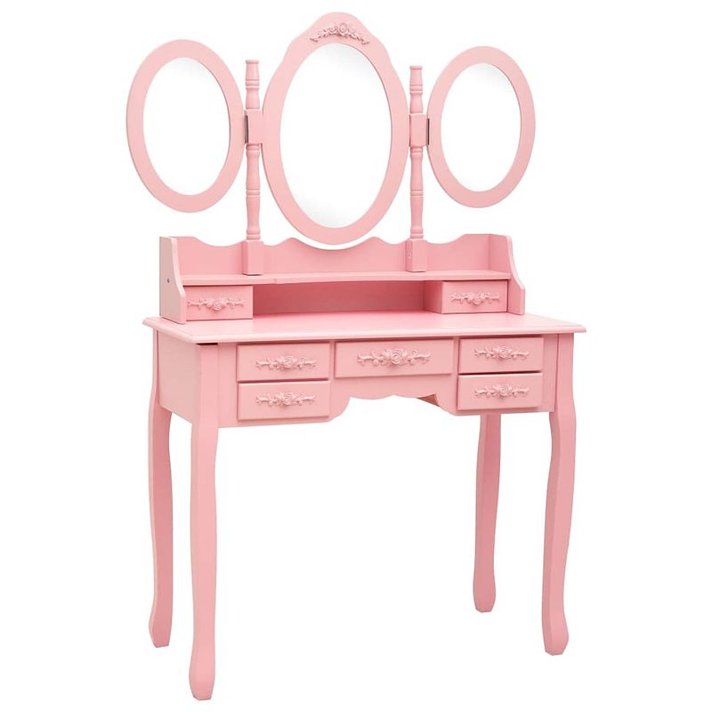 Foto van The living store kaptafel roze - paulowniahout/mdf/glas/spons - 90x40x146cm - met spiegels en 7 lades