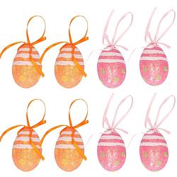 Foto van Decoratie paaseieren hangend - 12x stuks - oranje/roze - piepschuim - 6 cm - feestdecoratievoorwerp