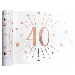 Foto van Tafelloper op rol - 2x - 40 jaar verjaardag - wit/rose goud - 30 x 500 cm - polyester - feesttafelkleden