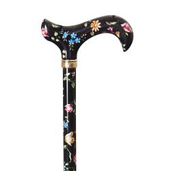 Foto van Classic canes verstelbare wandelstok - tea party - zwart - bloemen - aluminium - derby handvat - lengte 77 - 100 cm