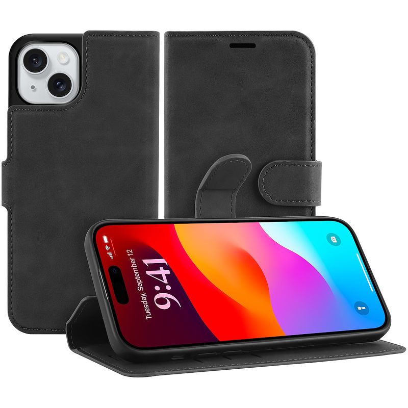 Foto van Just in case premium wallet case voor apple iphone 15 plus telefoonhoesje zwart