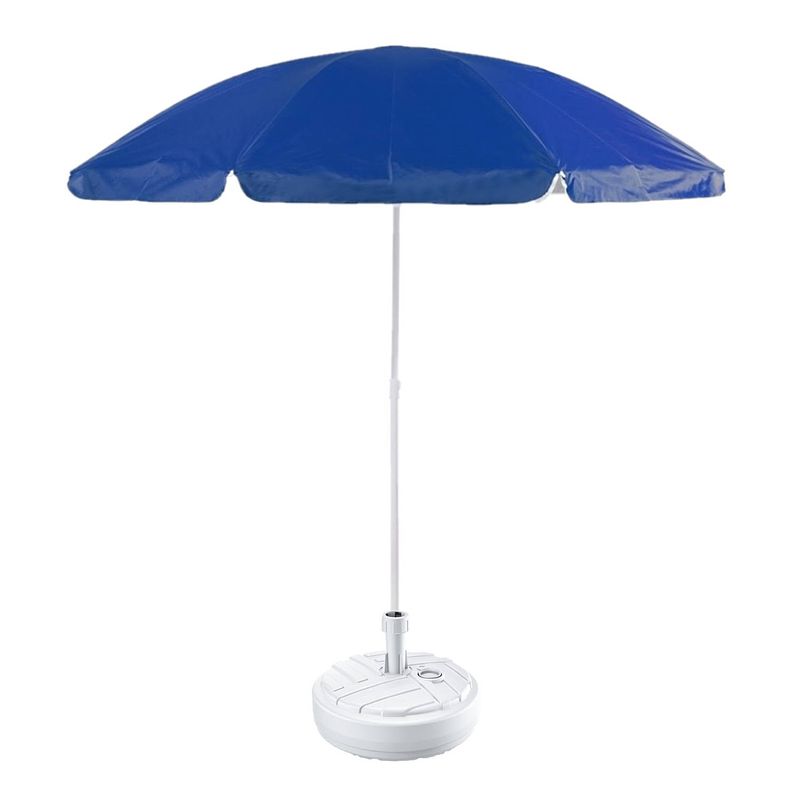 Foto van Blauw strand/tuin basic parasol van nylon 200 cm + parasolvoet wit - parasols