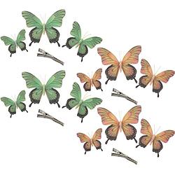 Foto van Othmar decorations decoratie vlinders op clip 12x stuks - groen/geel-roze - 12/16/20 cm - hobbydecoratieobject