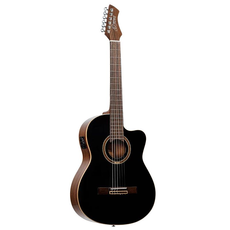 Foto van Ortega performer series rce238sn-bkt full-size guitar black elektrisch-akoestische klassieke gitaar met gigbag