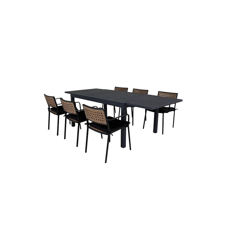 Foto van Marbella tuinmeubelset tafel 100x160/240cm en 6 stoel paola zwart.