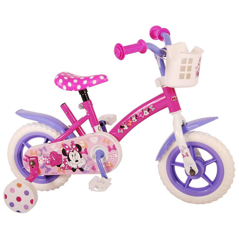 Foto van Disney minnie cutest ever! kinderfiets - meisjes - 10 inch - roze/wit/paars - doortrapper - met mandje