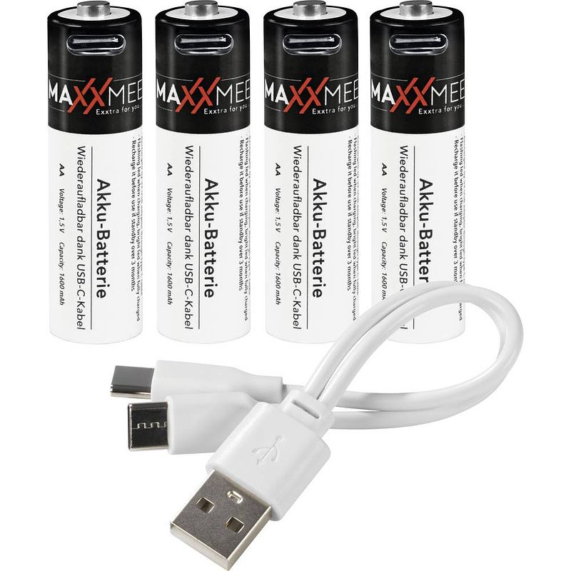 Foto van Maxxmee aa-usb-c oplaadbare aa batterij (penlite) nimh 1600 mah 1.2 v 4 stuk(s)