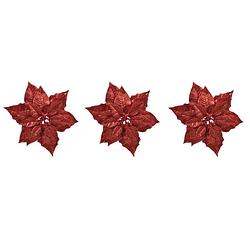 Foto van 6x stuks decoratie bloemen kerstster rood glitter op clip 23 cm - kersthangers