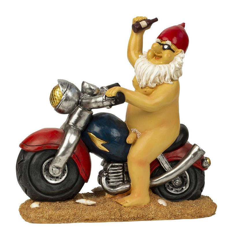 Foto van Tuinkabouter beeld biker met blote reet - polystone - motor rijder - 32 x 32 cm - tuinbeelden