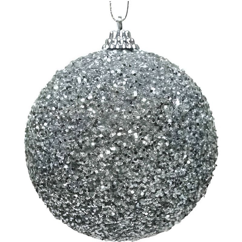 Foto van 1x kerstballen zilveren glitters 8 cm met kralen kunststof kerstboom versiering/decoratie - kerstbal