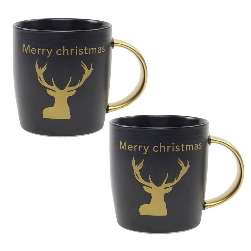 Foto van 2x stuks kerst thema mokken/bekers zwart/goud merry christmas 350 ml - bekers