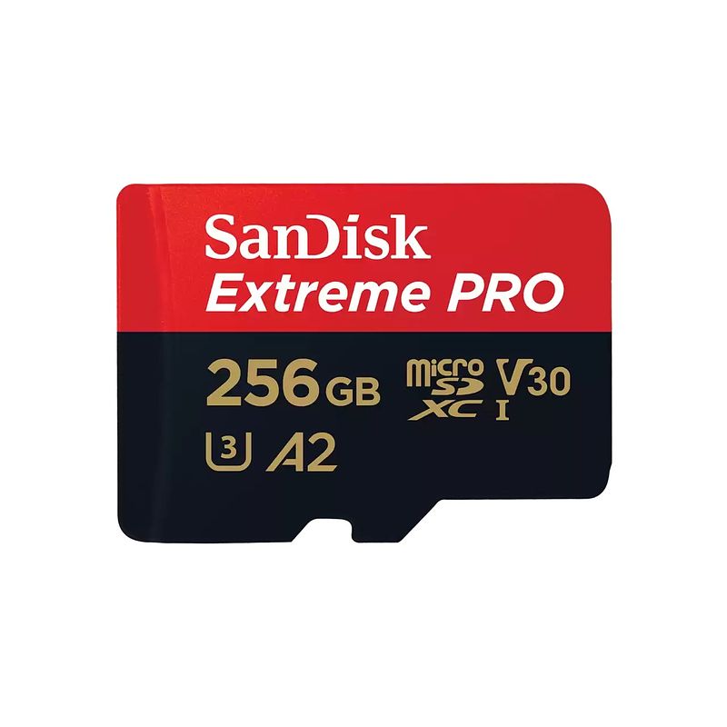 Foto van Sandisk microsdxc extreme pro 256gb 200/140 mb/s - a2 - v30 - sda - rescue pro dl 2 micro sd-kaart zwart