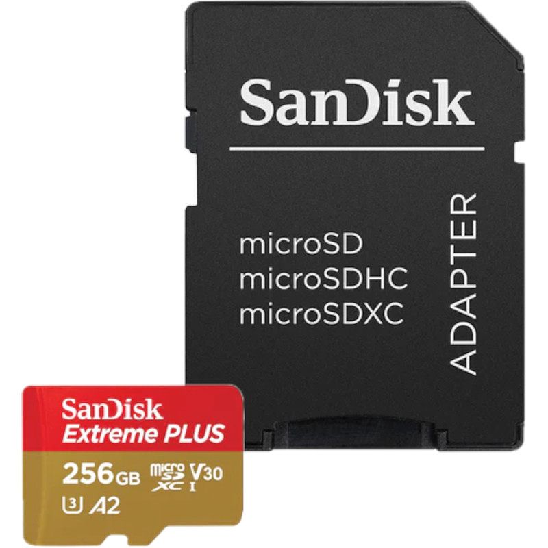 Foto van Sandisk extreme plus microsdxc 256 gb + sd adapter 200 mb/s 140 mb/s