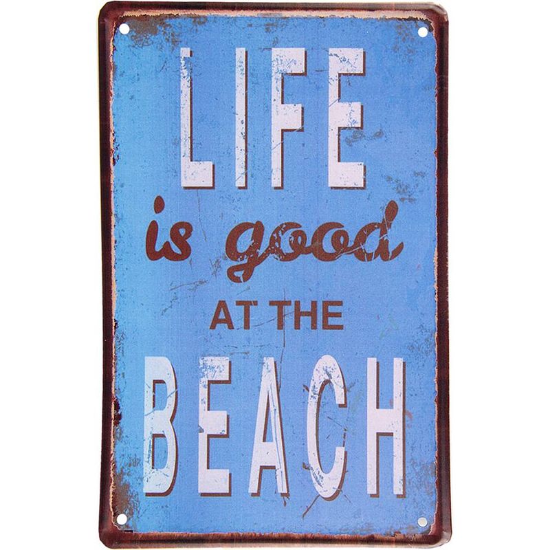 Foto van Clayre & eef wanddecoratie 20x30 cm blauw wit metaal life is good at the beach muurdecoratie wandversiering tekstbord