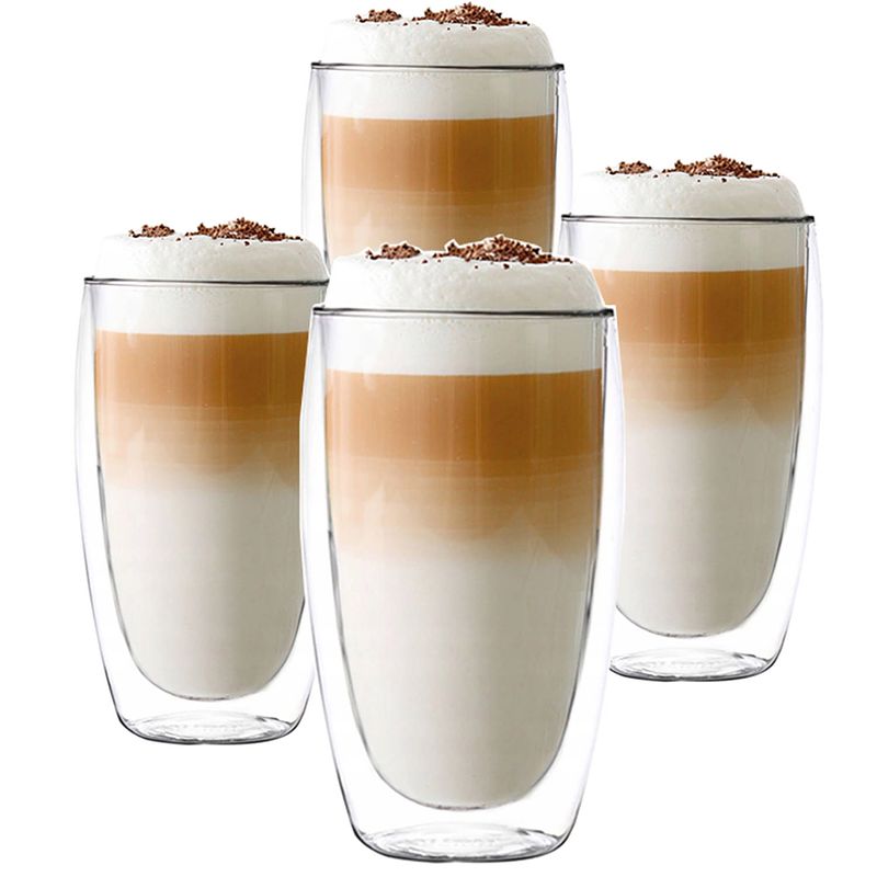 Foto van Luxe latte macchiato glazen dubbelwandig - koffieglazen - cappuccino glazen - theeglas dubbelwandig - 450 ml - set van 4