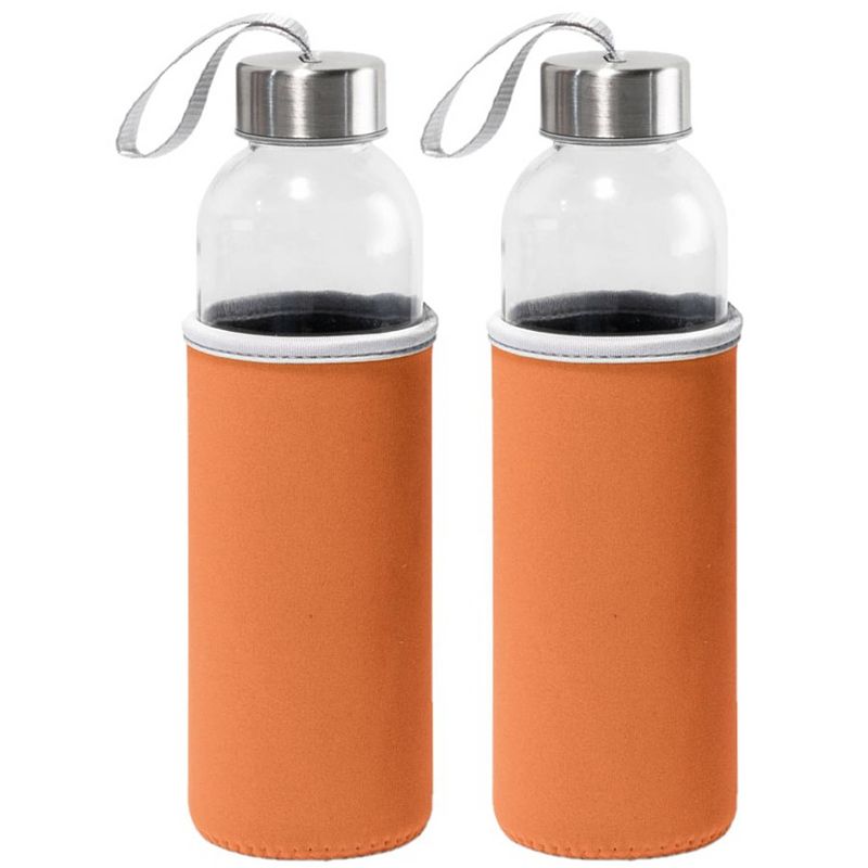Foto van 2x stuks glazen waterfles/drinkfles met oranje softshell bescherm hoes 520 ml - drinkflessen