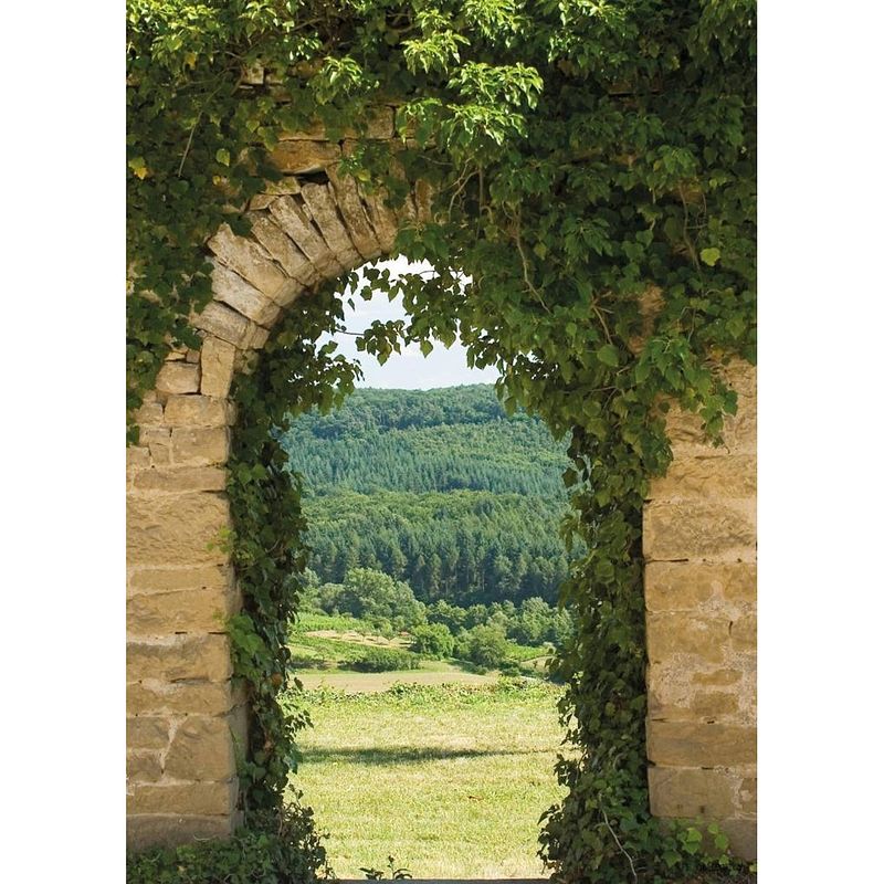 Foto van Tuinschilderij brick wall / meadow 70x130cm