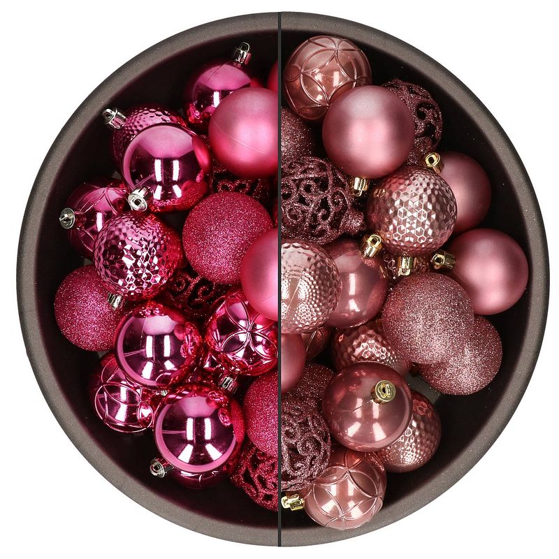 Foto van 74x stuks kunststof kerstballen mix van fuchsia roze en oudroze 6 cm - kerstbal