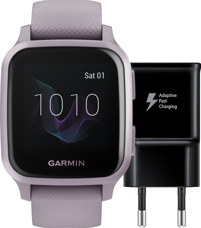 Foto van Garmin venu sq paars + samsung adaptive fast charging oplader met usb a poort 15w