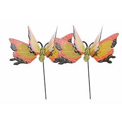 Foto van Set van 2x stuks metalen vlinder geel/oranje 11 x 70 cm op steker - tuinbeelden