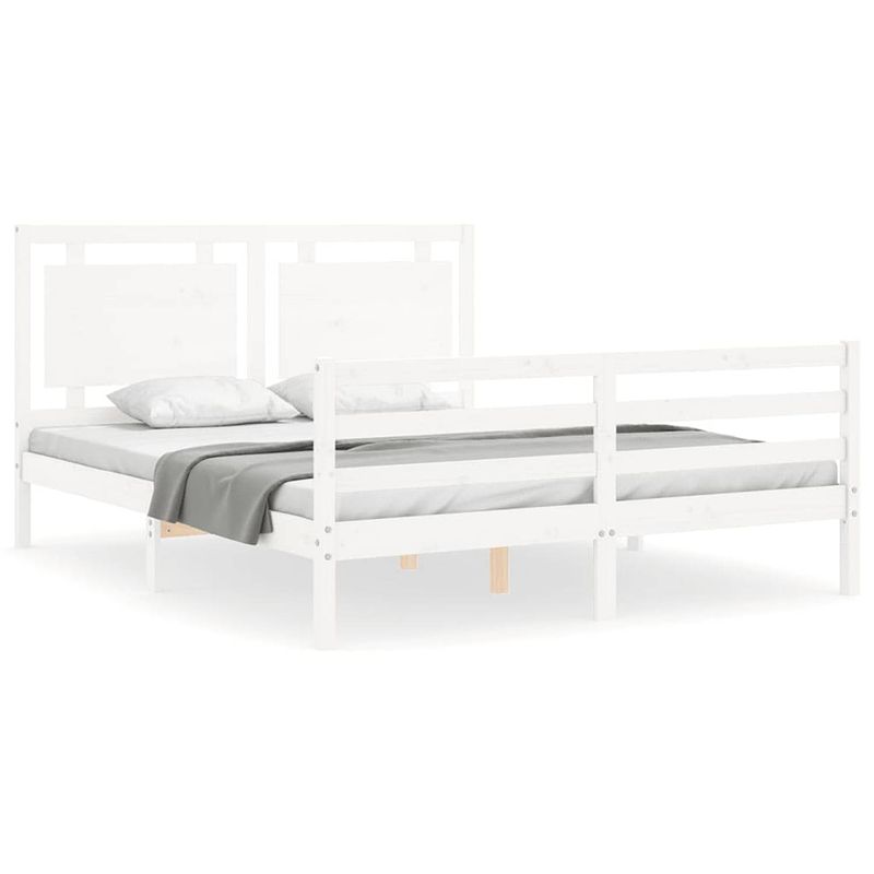 Foto van The living store massief grenenhouten bedframe - wit - 205.5 x 165.5 x 100 cm - multifunctioneel