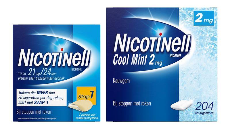 Foto van Nicotinell combinatie therapie - pleister 21 mg (7st) en kauwgom cool mint 2 mg (204st) -