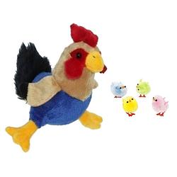 Foto van Pluche kippen/hanen knuffel van 20 cm met 4x stuks mini gekleurde kuikentjes 3 cm - feestdecoratievoorwerp