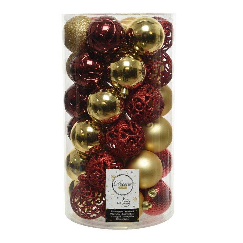 Foto van 37x stuks kunststof kerstballen goud/donkerrood (oxblood) 6 cm mat/glans/glitter - kerstbal