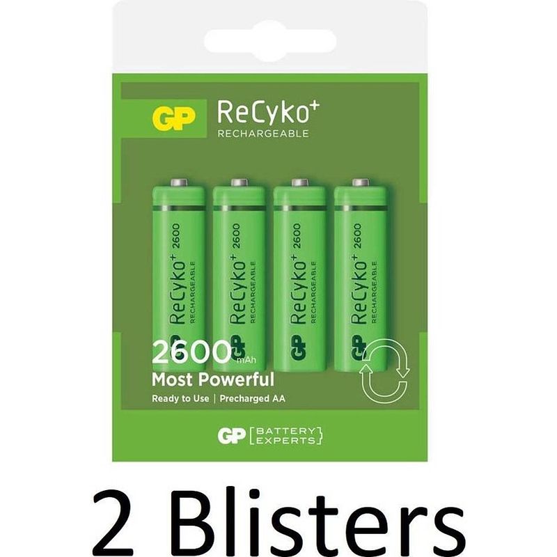 Foto van 8 stuks (2 blisters a 4 st) gp recyco aa oplaadbare batterijen - 2600 mah