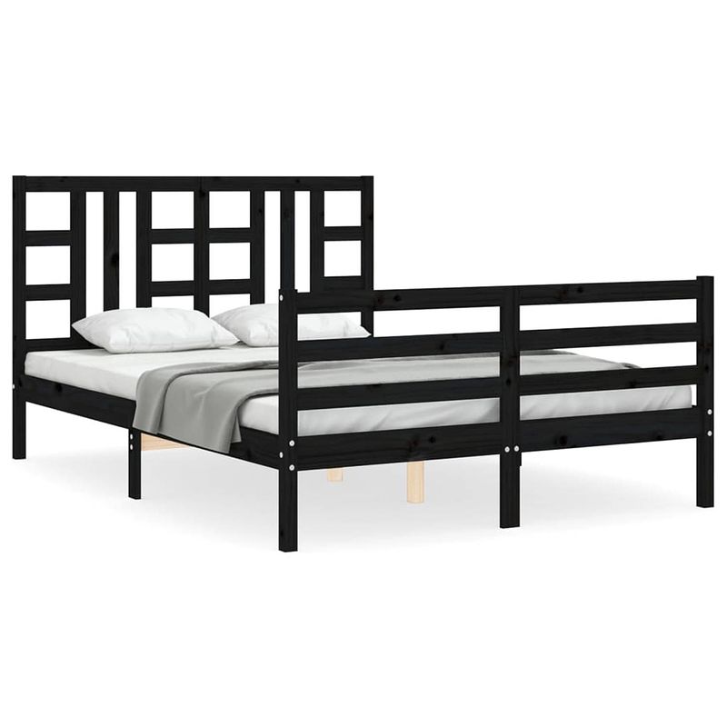 Foto van The living store massief grenenhouten bedframe - zwart - 205.5 x 165.5 x 100 cm - multiplex lattenbodem