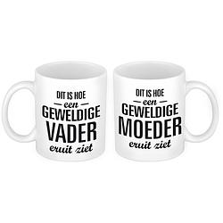 Foto van Dit is hoe een geweldige vader en moeder eruit ziet mok - cadeau beker set voor papa en mama - feest mokken