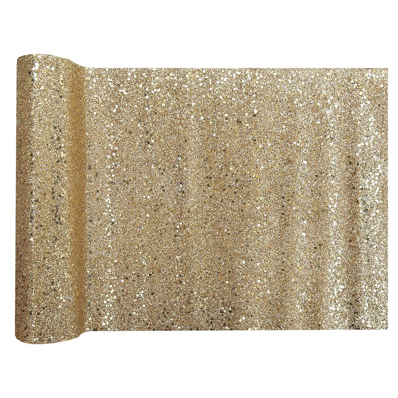 Foto van Kerst thema tafelloper op rol - goud glitter - 28 x 300 cm - polyester - tafellakens