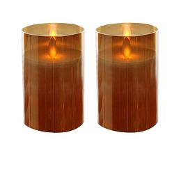 Foto van 2x stuks luxe led kaarsen/stompkaarsen in gouden glas 12,5 cm flakkerend - led kaarsen