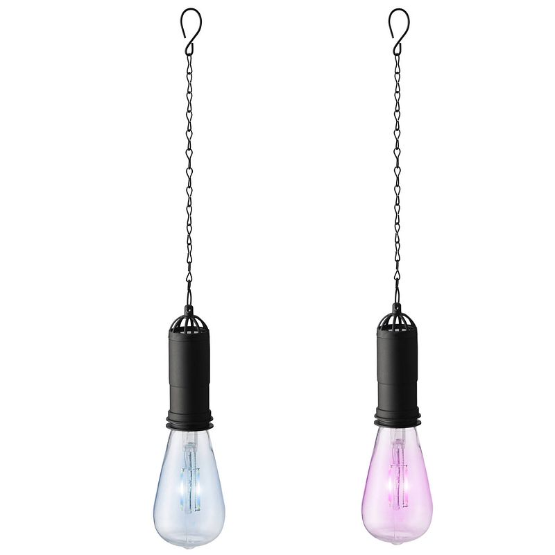 Foto van Set van 2x stuks blauwe en roze solar tuinverlichting hanglampen kunststof 20 cm - buitenverlichting