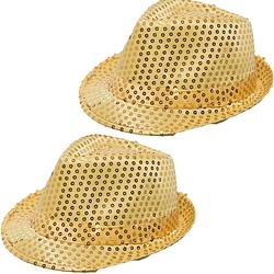 Foto van 2x stuks trilby hoeden met pailletten - goud - glitter - verkleedhoofddeksels