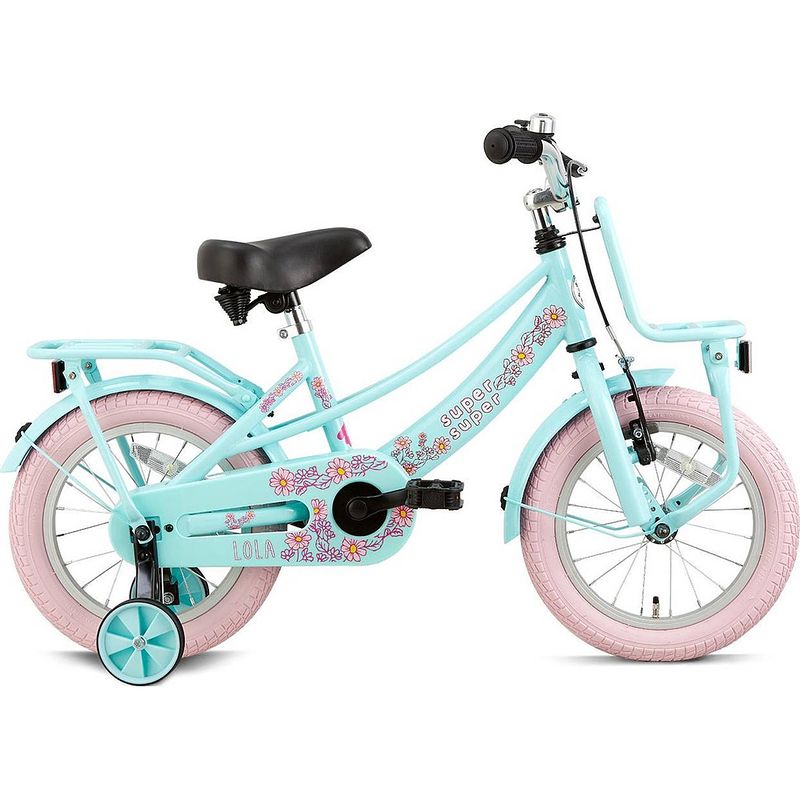 Foto van Supersuper meisjesfiets lola 14 inch 21,5 cm meisjes terugtraprem roze/lichtblauw