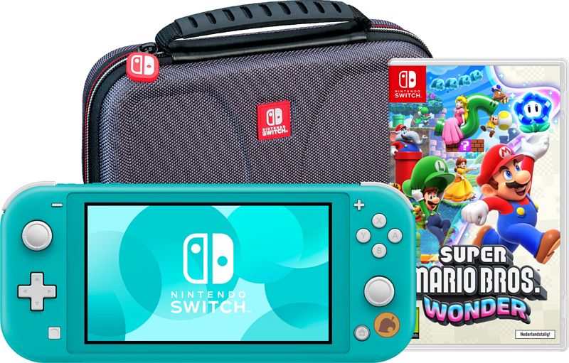 Foto van Nintendo switch lite turquoise + super mario bros. wonder + beschermhoes