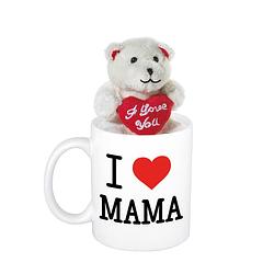 Foto van Moederdag cadeau i love mama beker / mok 300 ml met beige knuffelbeertje met love hartje - feest mokken