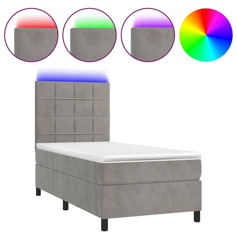 Foto van The living store boxspring bed - led - fluweel - pocketvering - topmatras - 193x90x118/128cm - lichtgrijs